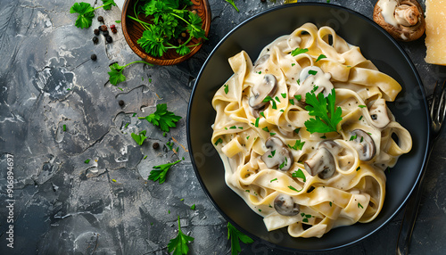 Mushroom pasta, pappardelle with cream sauce and parsley, overhead flat lay shot on a stone background photo