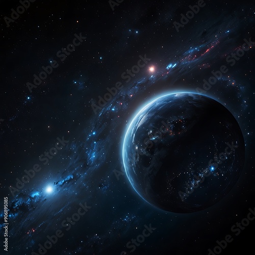 Glowing sphere orbits dark blue galaxy galaxy