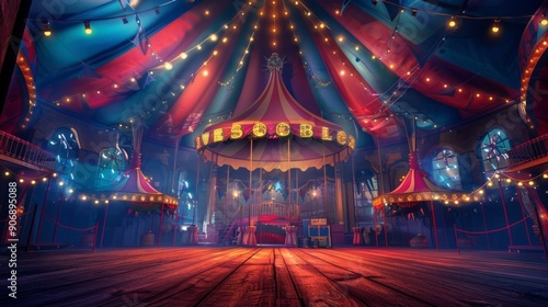A vibrant circus scene at night featuring a colorful carousel and inviting tent. Intricate lighting adds enchantment, hinting at magical performances in a mystical venue.