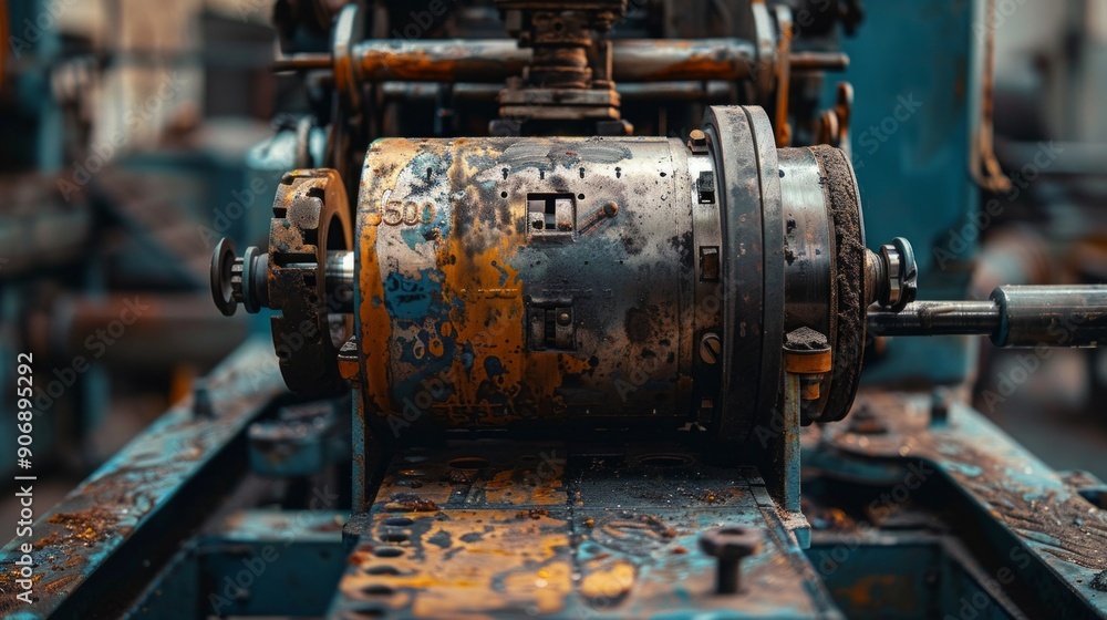 A close-up image shows a rusty yellow gear motor with unclear markings, attached to metal components in an industrial setting. Indicating age and disuse, it hints at its importance in machinery. A close-up image shows a rusty yellow gear motor with unclear markings, attached to metal components in an industrial setting. Indicating age and disuse, it hints at its importance in machinery.