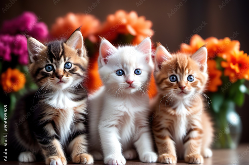 Three small multi-colored kittens against a background of flowers. Three small multi-colored kittens against a background of flowers.