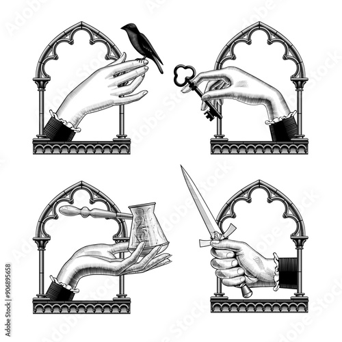 A set of icons of women's hands in a gothic window frame with a bird on the finger, an antique key, a turkish coffee pot and an old dagger. Vector 
illustration in vintage engraving style