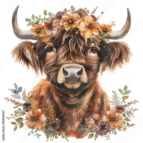 Boho Highland cow floral crown clipart  photo