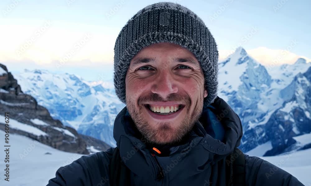 Medium shot portrait video of a pleased man in his 30s wearing a warm beanie or knit hat against a snowy mountain peak or summit background Medium shot portrait video of a pleased man in his 30s wearing a warm beanie or knit hat against a snowy mountain peak or summit background