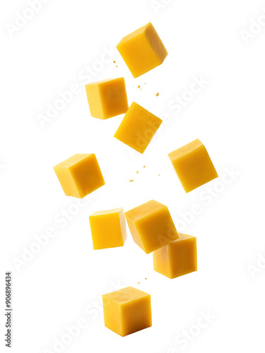Obraz na płótnie Nine cheddar cheese cubes falling through the air, perfect for food blogs, recipe websites, or dairy product advertisements. Transparent PNG. w salonie