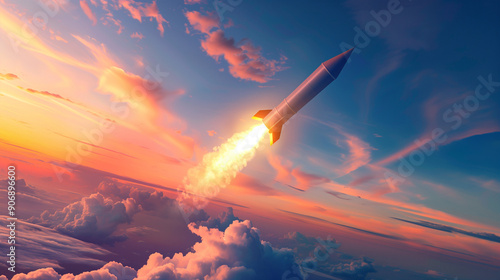 A rocket soars through the air, its flight accompanied by an intense, orange flame. A professional military missile quickly cuts through the sky.