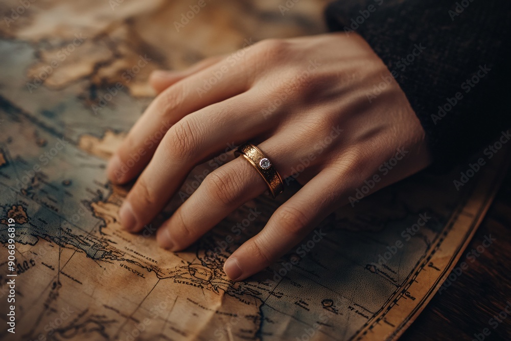 Obraz premium A hand with a wedding ring resting on a vintage map suggesting a journey of love and adventures shared together