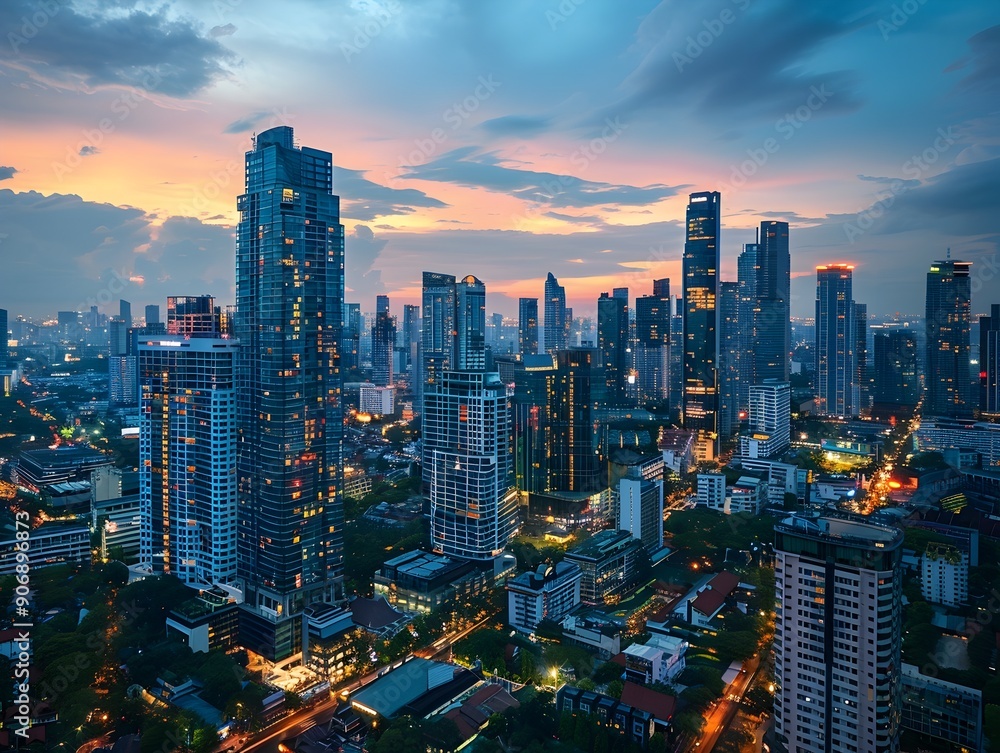 Obraz premium Vibrant Urban Skyline at Twilight with Bustling City Lights and Historic Modern Architecture