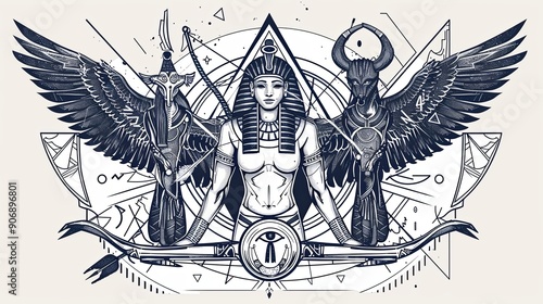 Tattoo art line, illustrated in Illustrator, perfect generation without design errors, pure white and clean background. A geometric and realistic style tattoo, featuring a combination of mythological