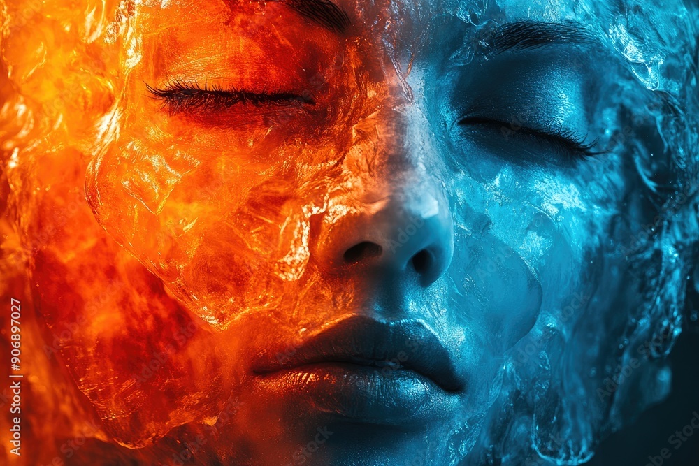 Close-up of a Woman's Face Half Submerged in Orange and Blue Liquid Close-up of a Woman's Face Half Submerged in Orange and Blue Liquid