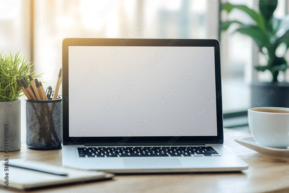 A blank laptop screen ready for use for mock up, set on a bright and modern workspace, suggesting technology and productivity A blank laptop screen ready for use for mock up, set on a bright and modern workspace, suggesting technology and productivity