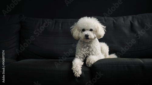 A sweet-looking Bichon Frise lounges on a smooth black sofa in the comfort of his home.