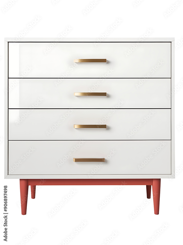A white dresser with four drawers and gold handles, standing on tapered coral-colored legs. Perfect for home decor websites, furniture stores, or interior design blogs. Transparent PNG. A white dresser with four drawers and gold handles, standing on tapered coral-colored legs. Perfect for home decor websites, furniture stores, or interior design blogs. Transparent PNG.