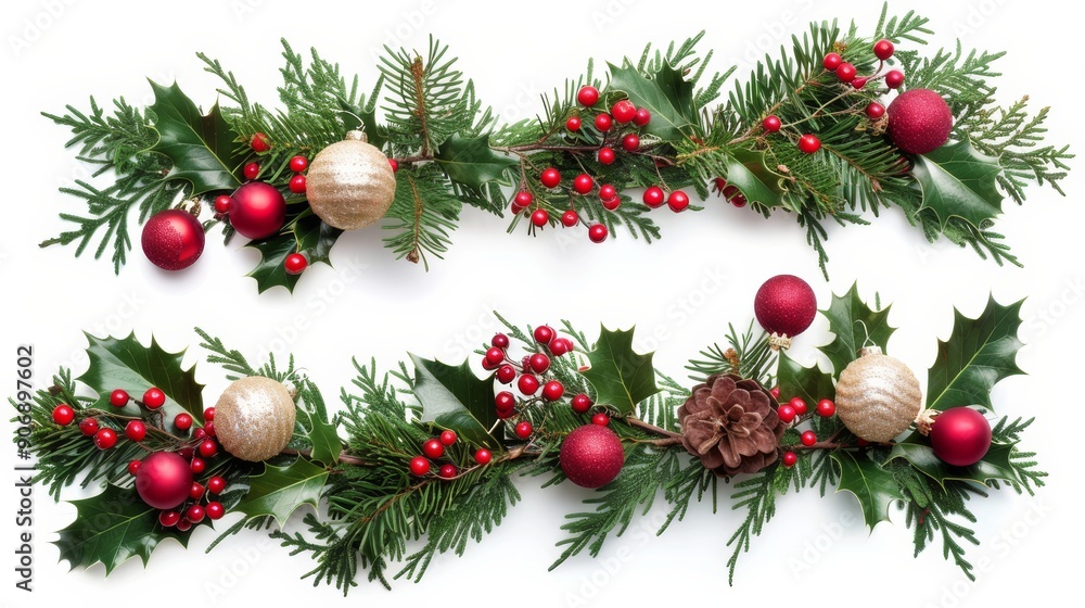 Christmas Decoration Border with Holly, Pine and Baubles. Christmas Decoration Border with Holly, Pine and Baubles.