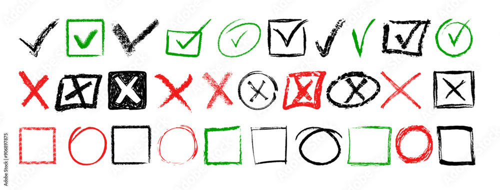 Doodle hand drawn chalk check mark set. Charcoal pencil checklist icons, sketch checkboxes, tick and cross symbols. Crayon checkmark element. Vector Set of Hand drawn Charcoal elements for notes. Doodle hand drawn chalk check mark set. Charcoal pencil checklist icons, sketch checkboxes, tick and cross symbols. Crayon checkmark element. Vector Set of Hand drawn Charcoal elements for notes.