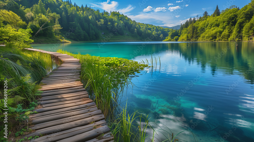 The wooden trail, winding peacefully along the turquoise lake, intertwines with the surrounding green vegetation. In the rays of the sunny, blue sky, the path leads through stunning landscapes. The wooden trail, winding peacefully along the turquoise lake, intertwines with the surrounding green vegetation. In the rays of the sunny, blue sky, the path leads through stunning landscapes.