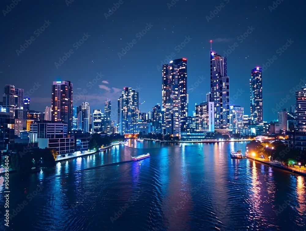 Obraz premium Captivating Nighttime Cityscape with Shimmering River Reflections and Cruising Boats