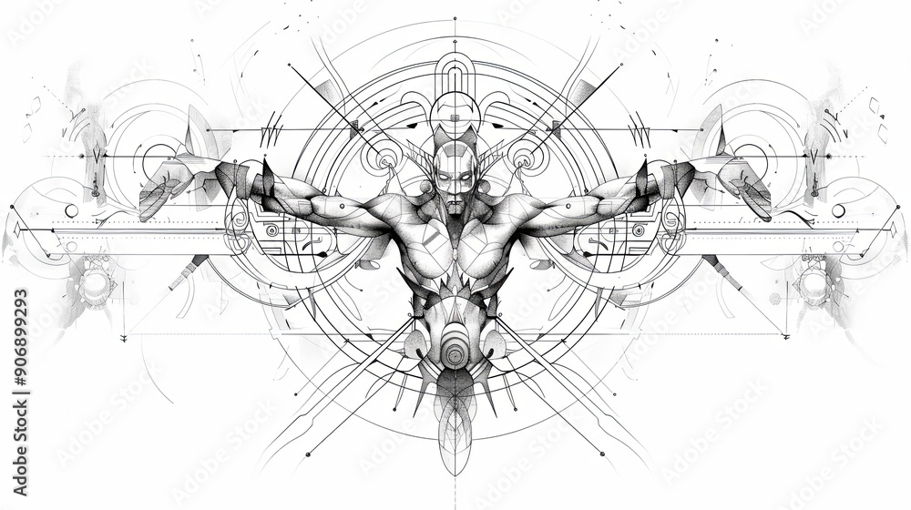 Obraz premium Tattoo art line, illustrated in Illustrator, perfect generation without design errors, pure white and clean background. A geometric and realistic style tattoo, featuring a combination