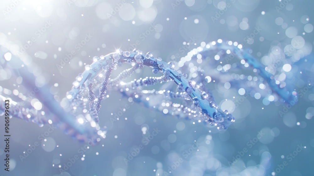 Abstract with a DNA double helix in a sparkling blue and purple color palette, against a soft blurred backdrop of volumetric lighting that creates a dreamy atmosphere. Abstract with a DNA double helix in a sparkling blue and purple color palette, against a soft blurred backdrop of volumetric lighting that creates a dreamy atmosphere.