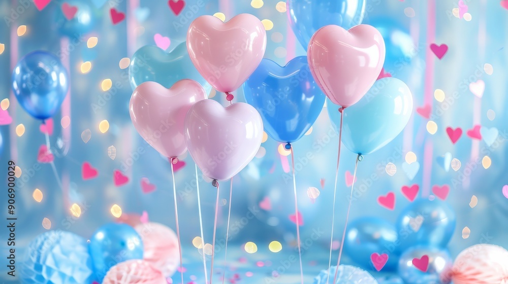Pink and Blue Heart Balloons with Confetti. Pink and Blue Heart Balloons with Confetti.