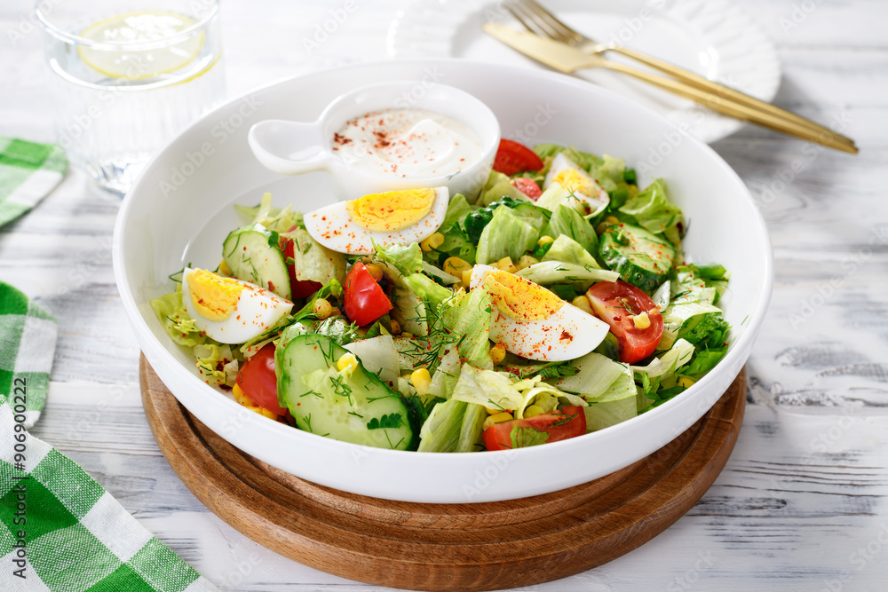 Healthy green summer salad with boiled egg, cucumber and corn. Healthy green summer salad with boiled egg, cucumber and corn.