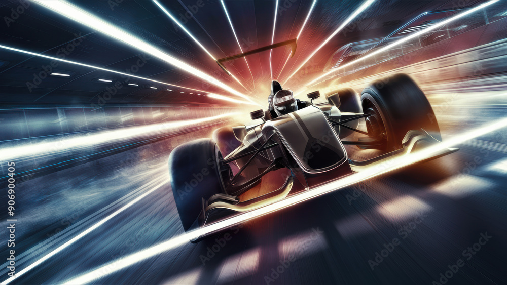 Naklejka premium A racing car is speeding down a track with bright lights, AI