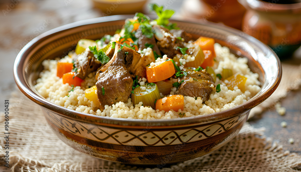 Meat and vegetable couscous in a bowl, typical food from Morocco, a traditional festive Arabic dish with herbs and spices Meat and vegetable couscous in a bowl, typical food from Morocco, a traditional festive Arabic dish with herbs and spices