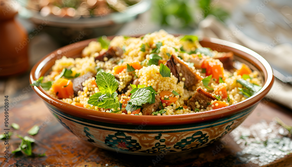 Meat and vegetable couscous in a bowl, typical food from Morocco, a traditional festive Arabic dish with herbs and spices Meat and vegetable couscous in a bowl, typical food from Morocco, a traditional festive Arabic dish with herbs and spices