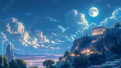 A nighttime anime illustration of the Acropolis, with the Parthenon illuminated by moonlight, casting a mystical glow and a starry sky above. The scene is serene and magical.