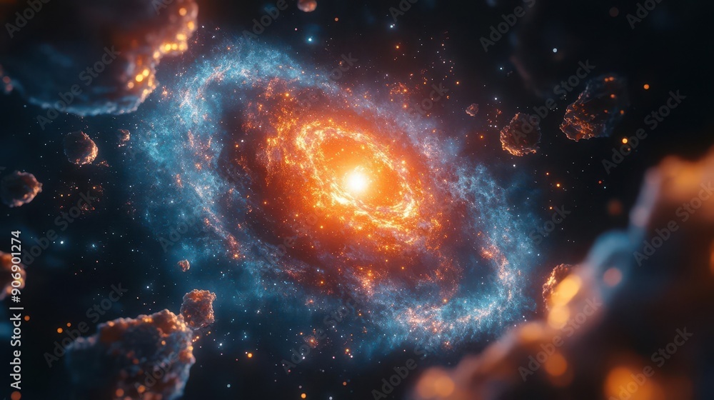 Cosmic Nebula with Glowing Stars and Asteroids. Cosmic Nebula with Glowing Stars and Asteroids.