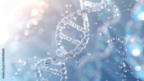 Abstract with a DNA double helix in a sparkling blue and purple color palette, against a soft blurred backdrop of volumetric lighting that creates a dreamy atmosphere.