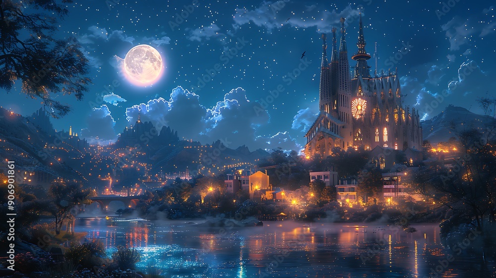 Obraz premium A nighttime anime illustration of the Sagrada Familia, with the basilica illuminated by moonlight, casting a mystical glow and a starry sky above. The scene is serene and magical.