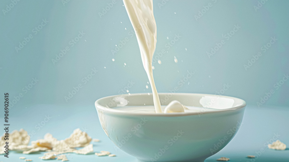 Pouring fresh milk into bowl of cereal on blue background on a sunny morning for breakfast Pouring fresh milk into bowl of cereal on blue background on a sunny morning for breakfast
