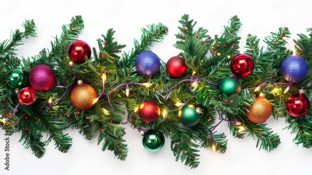 Christmas Tree Branch Border with Baubles and Lights. Christmas Tree Branch Border with Baubles and Lights.