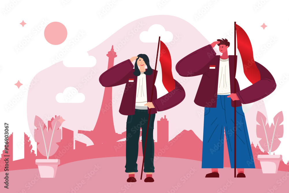 Man and Woman Saluting with Red and White Flag and Indonesia City Background Man and Woman Saluting with Red and White Flag and Indonesia City Background