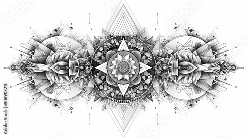 tattoo art line, illustrated in illustrator, perfect generation without design errors, pure white and clean background, A geometric and realistic style tattoo, featuring a combination.