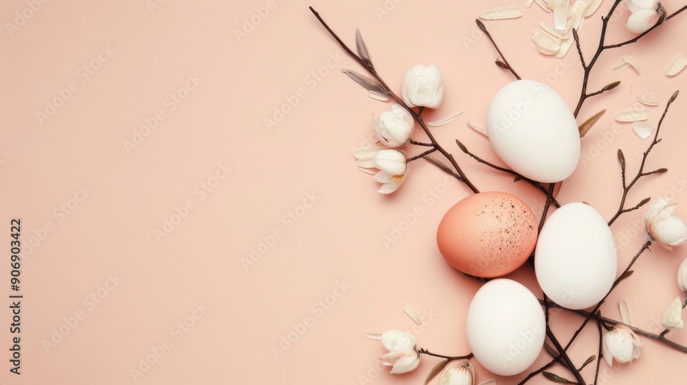 Easter Eggs and Magnolia Blossoms on a Pink Background. Easter Eggs and Magnolia Blossoms on a Pink Background.