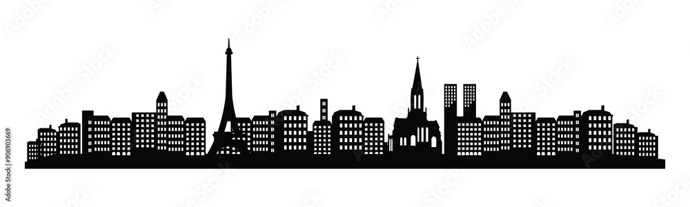 Obraz premium A vector illustration featuring the silhouette of Paris cityscape, including the Eiffel Tower and iconic cathedrals.