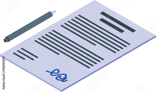 Pen is lying next to a signed contract on white background