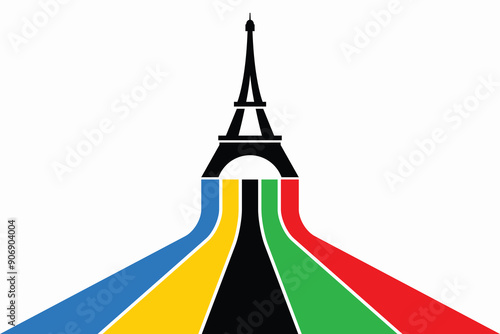 Colored Olympic Games rainbow lines flag converge in Eiffel Tower