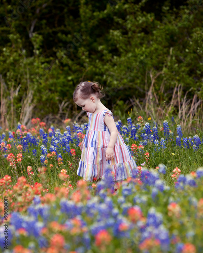 Looking down in momentary thought, a young girl stands in a meadow of blue, orange, and red wildflowers, a deep green woodland in the background.