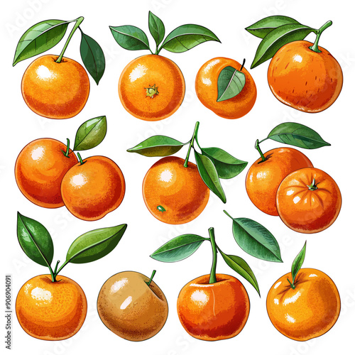 Vibrant Collection of Tangerine and Orange Illustrations: Detailed Citrus Fruit Designs and Patterns, set of tangerines, set of oranges, set of tangerine, tangerine illustrations, orange illustrations