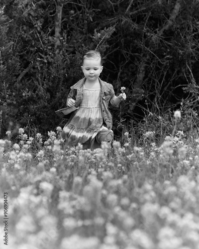 A little girl in a denim skirt and jacket,  a dark wood at her back, walks into a field of spring wildflowers. Black and white version. Color also available.