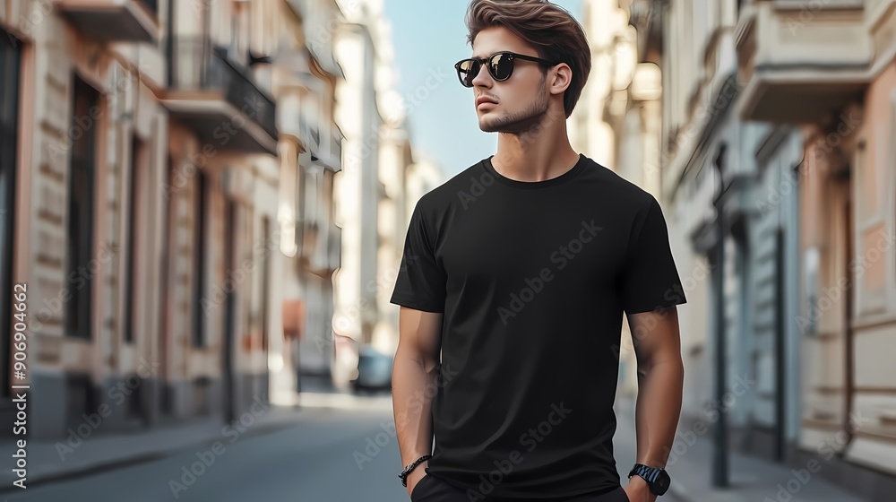 Stylish Young Man in Cityscape with Black T-shirt as Design Canvas Stylish Young Man in Cityscape with Black T-shirt as Design Canvas