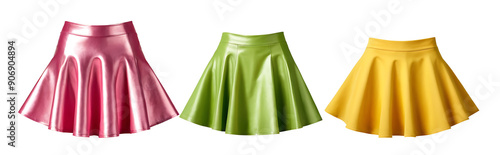 Three shiny metallic mini skirts in pink, green, and yellow, perfect for fashion websites, online clothing stores, or party outfit inspiration blogs. Transparent PNG. photo