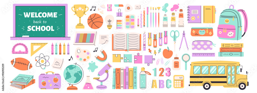 Fototapeta premium Big set of school supplies. Back to school. School bus, blackboard, books, microscope, backpack, stationery. Vector illustration in flat style