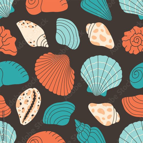 Seamless pattern with sea shells, mollusks, sea ​​snails. Tropical beach shells. Summer seamless pattern. Vector illustration in flat style