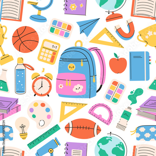 Seamless pattern with school supplies, stationery. Education. Back to school concept. Vector illustration in flat style