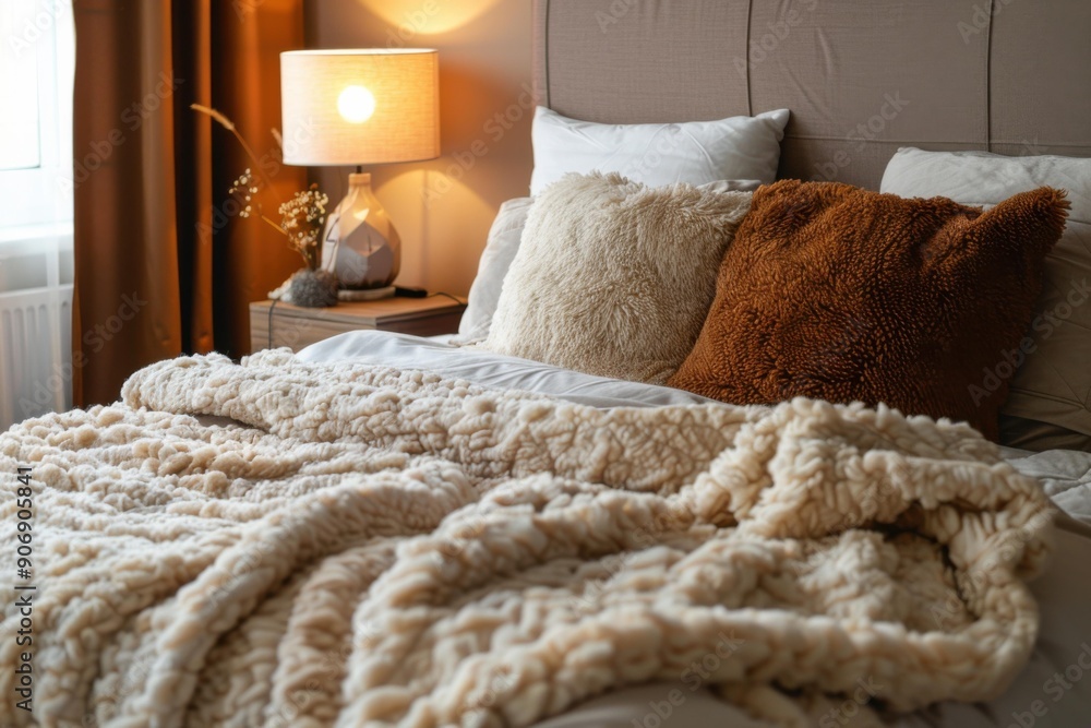 Cozy Modern Bedroom with Fluffy Blankets and Warm Lighting for Home Decor Inspiration Cozy Modern Bedroom with Fluffy Blankets and Warm Lighting for Home Decor Inspiration