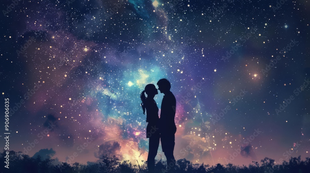 Obraz premium A couple whispering secrets under a starry sky, intimate and magical, romantic connection